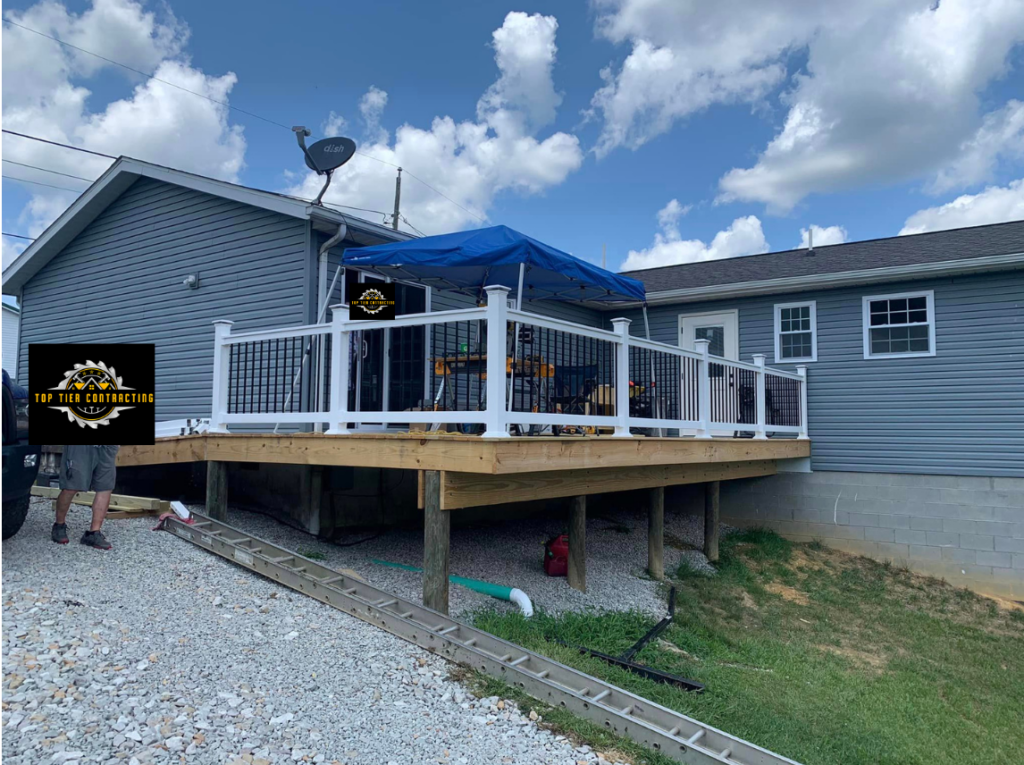 Two tone wooden deck with light brown floor and white banister