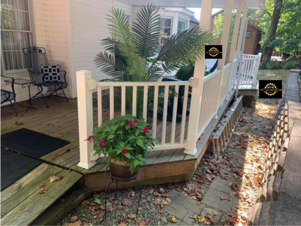 Wooden deck with white banister